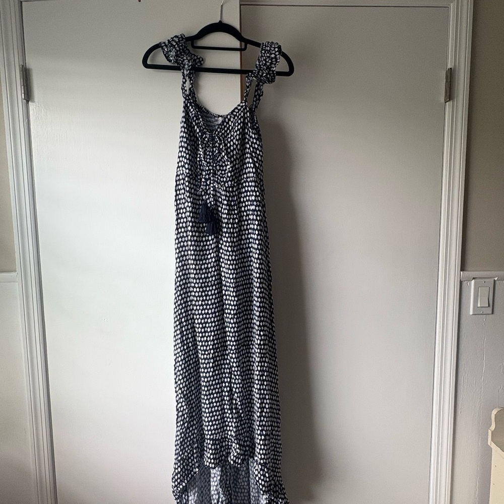 Blue and White Halter Tie Front Maxi Dress